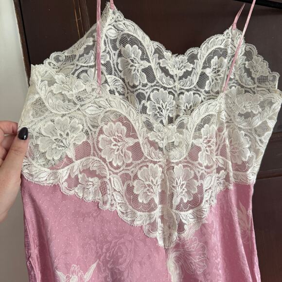VETTERMAN Wasche Vintage Pink & White Silk Jacquard Midi Nightgown Slip 42 / 12 - Picture 6 of 9